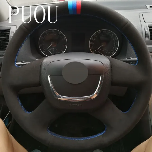 Puou черный замшевый чехол рулевого колеса автомобиля для Skoda Octavia Superb 2012 Fabia Skoda Octavia a 5 a5 2012 2013 Yeti 2009-2