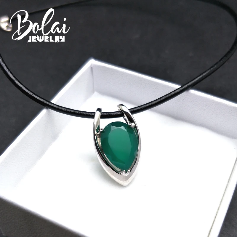 Bolaijewelry, серебро 925 пробы с натуральным зеленый агат, натуральный камень, ожерелье с кулоном с кожаным аккордом, хорошее ювелирное изделие для женщин