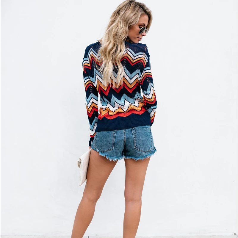 Тонкий Свитера с дырками дамы длинным рукавом Пуловеры для женщин Мода Волна