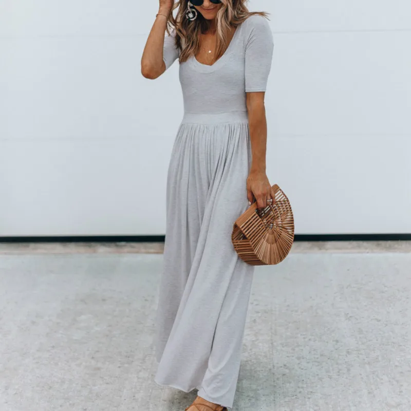 Комбинезон женский однотонный с коротким рукавом модная свободная одежда до