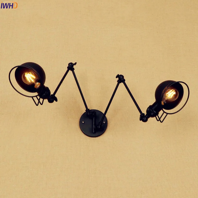 IWHD Black Long Swing Arm LED Wall Lamp Vintage 2 Heads Wandlamp Retro Stair Light Loft Industrial Edison Wall Sconce Luminaire