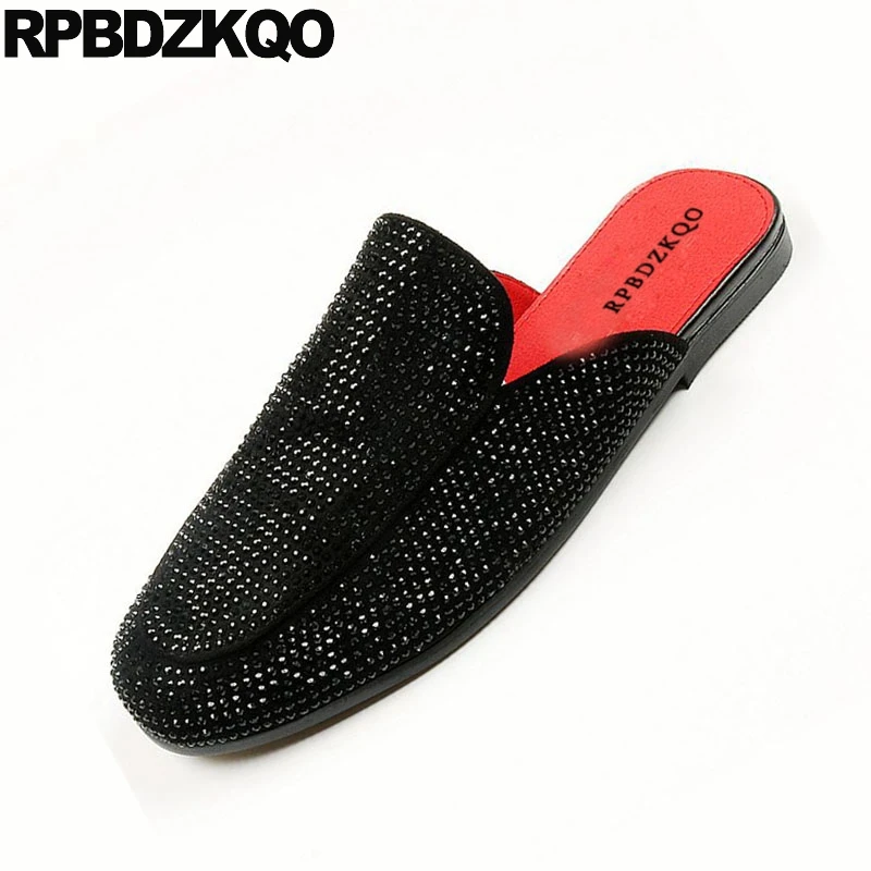 Мюли мужские с вышивкой черные кожаные дышащие туфли без застежки закрытым