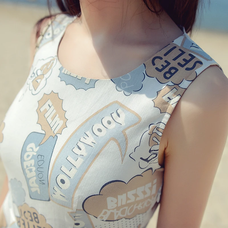 Mishow sleeveless cute A-line cotton charecter print women sundress 2019 summer O-neck high waist knee-length dress MX16C8886 | Женская