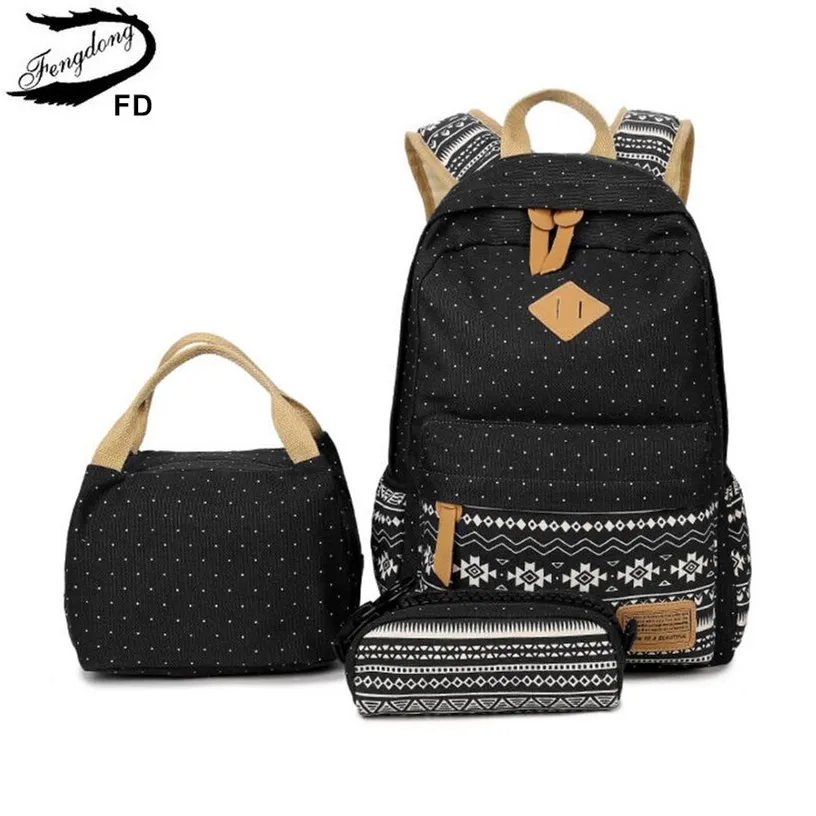 

Fengdong 3pcs/set kids vintage school backpack bag set school bags for teenage girls polka dot backpacks for children bookbag