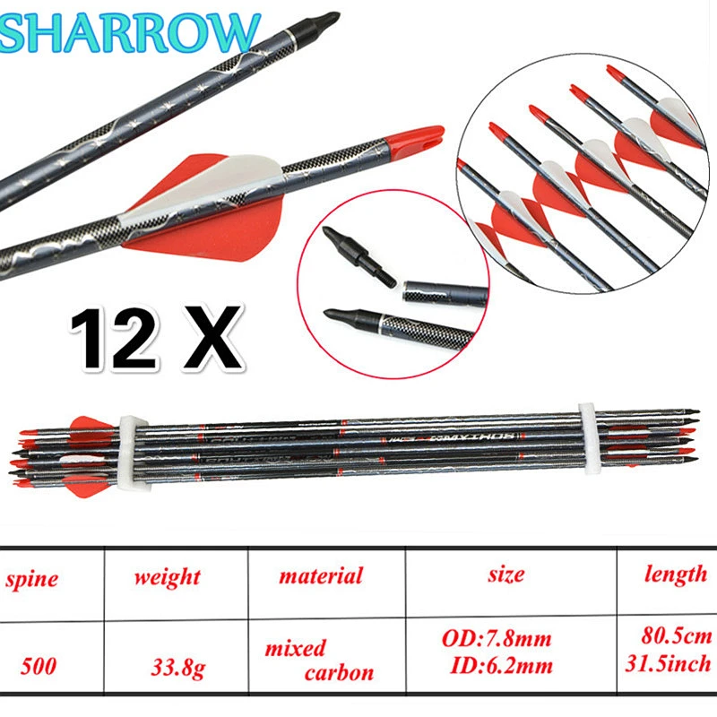 

12Pcs 30" Archery Carbon Arrow Spine 500 Carbon Arrows With Replaceable Broadhead For Bow Outdoor Shooting Training Accessories