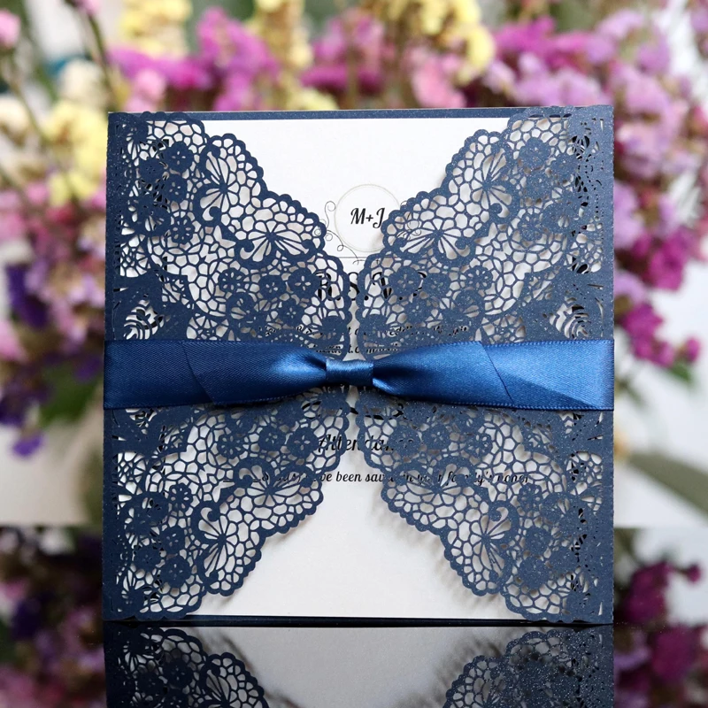 

1pcs Elegant Square Hollow Laser Cut Wedding Invitation Card Paper With Ribbon Personalized Wedding Decoration Party Supplies