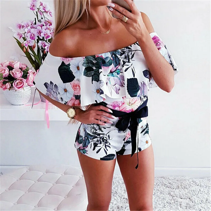 

Women's Summer Mini Jumpsuit Ladies Ruffles Floral Printed Clubwear Holiday Playsuit Romper Beach Shorts Off-shoulder Jumpsuit