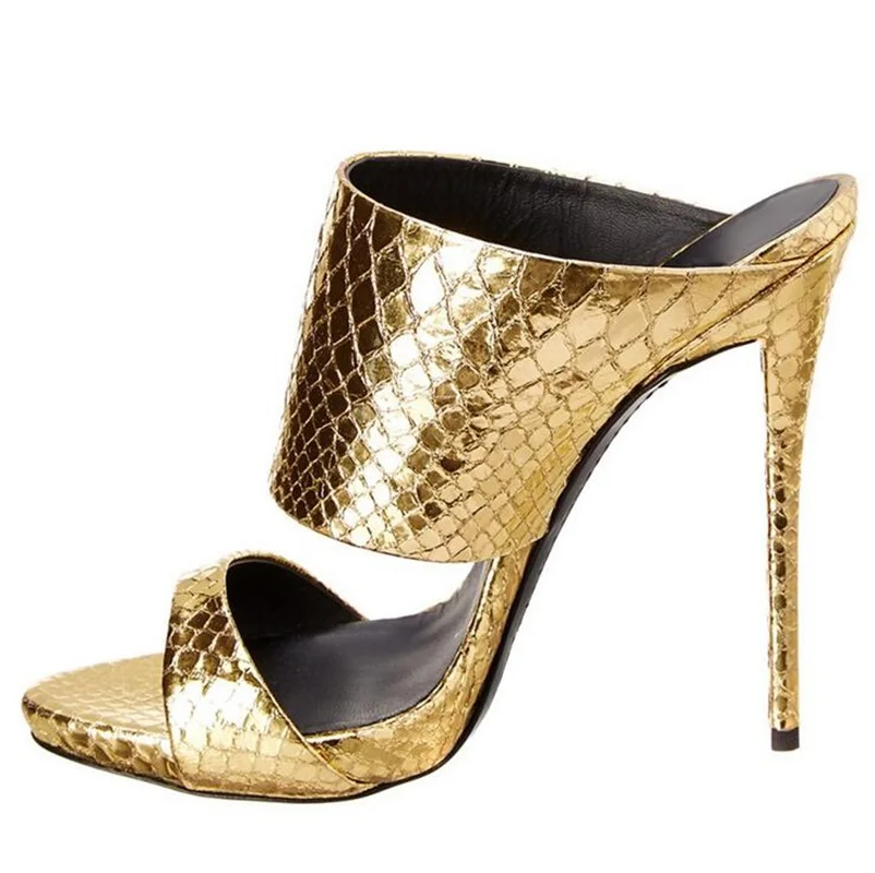 

Gold Metallic Python Embossed Solid Ladies Slides Cool Summer Party Gold Mules High Heel Sandals Flip Flops Shoes Women