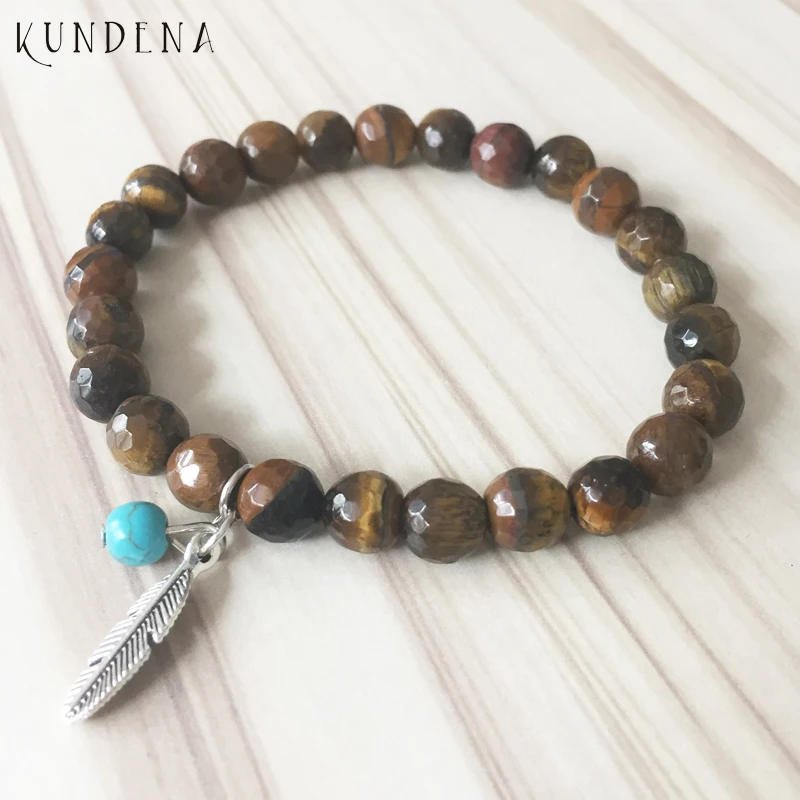 

Men Feather Charm Bracelet Natural Stone Beaded bracelets for mans Facted Tiger eye mala bracelet Feather Charm