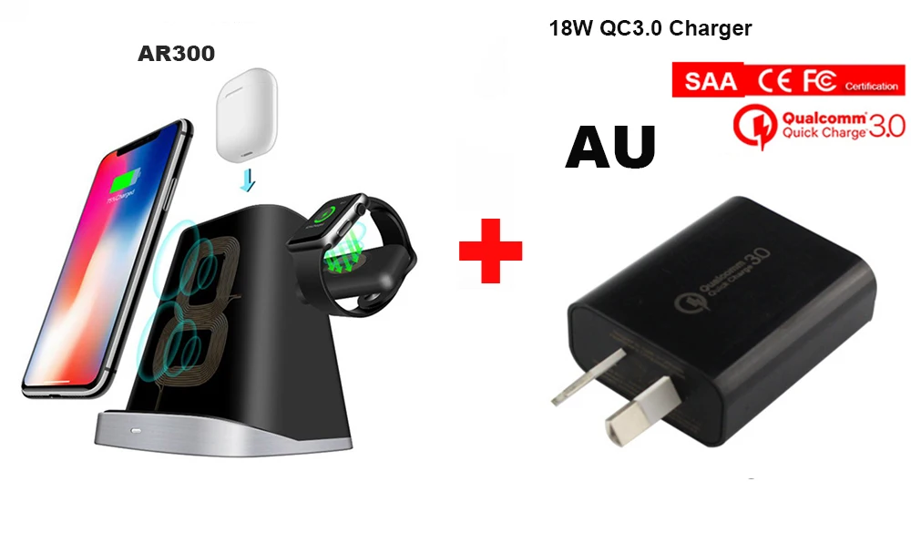 ADD QC3.0 charger AU 10 Вт Беспроводное зарядное устройство подставка для iPhone Apple Watch Airpods Быстрое беспроводное зарядное устройство для iWatch 1 2 3 - Тип штекера: ADD QC3.0 charger AU