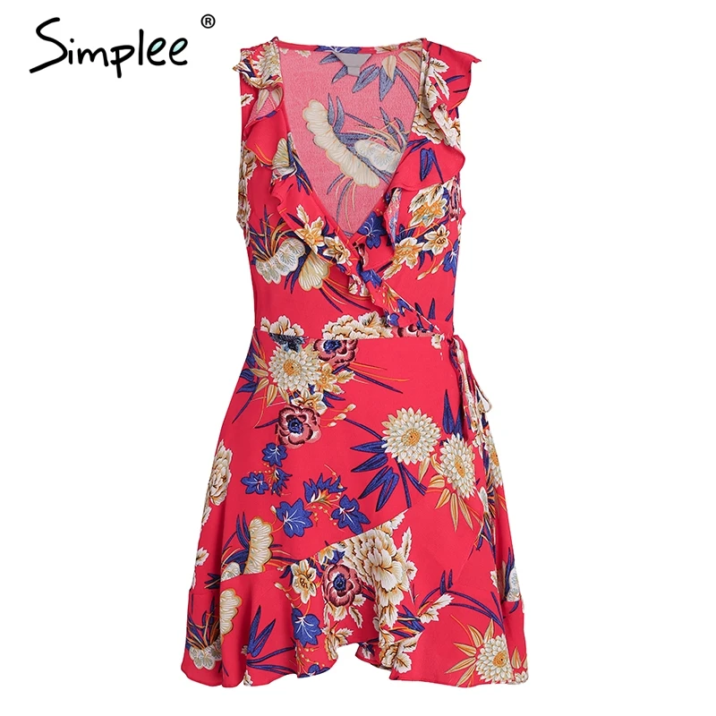 Simplee рюшами v шеи принтом летнее платье Для женщин без рукавов boho wrap повседневные