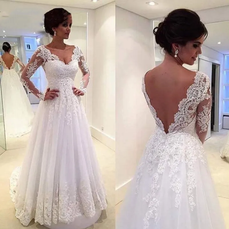 

Vestido De Noiva Elegant Bridal Gown A-Line Sexy V Neck Lace Appliques Long Sleeves Backless Plus Size Wedding Dresses