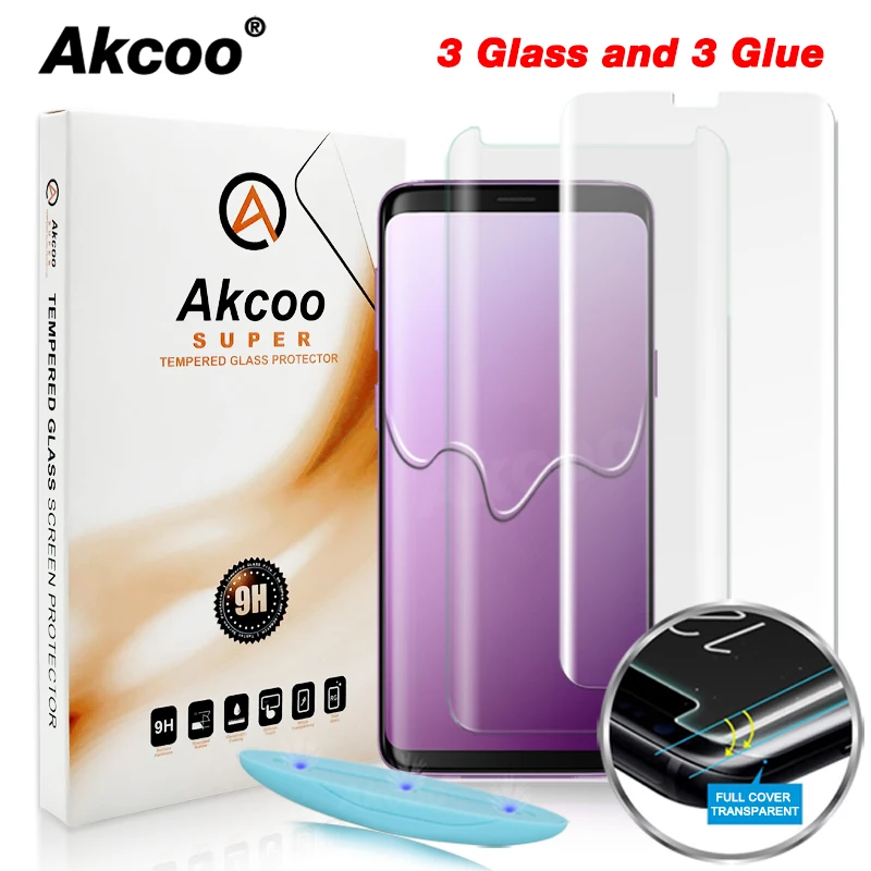 

Akcoo S8 Screen Protector with Liquid UV Full Glue Glass Protector for Samsung Galaxy S9 S8 Plus tempered full cover glass film