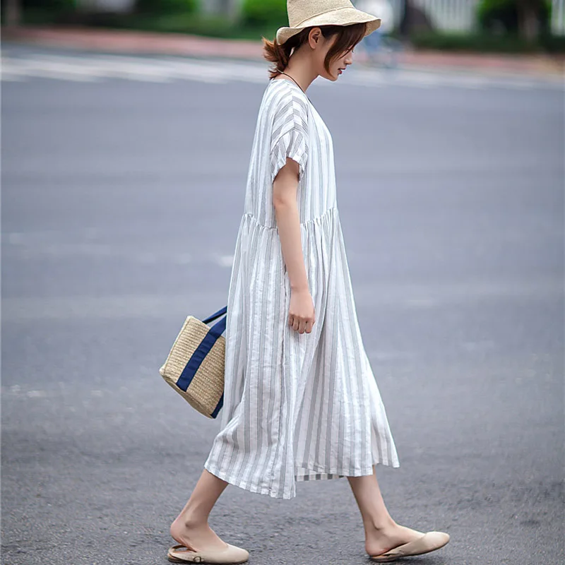 SCUWLINEN 2019 летнее женское платье винтажное Полосатое с коротким рукавом высокая