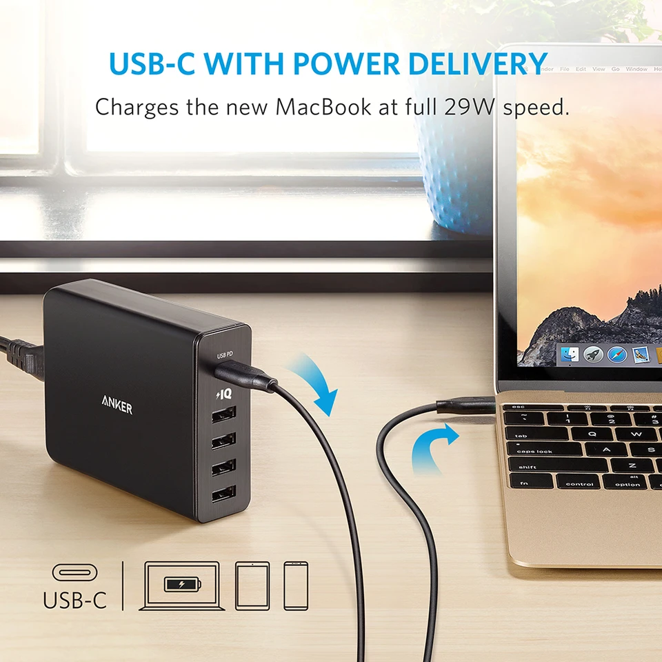 Anker usb type-C 5-port Total 60 Вт USB Wall charger порт питания + 5 с доставкой для Apple Macbook iphone 8 X |