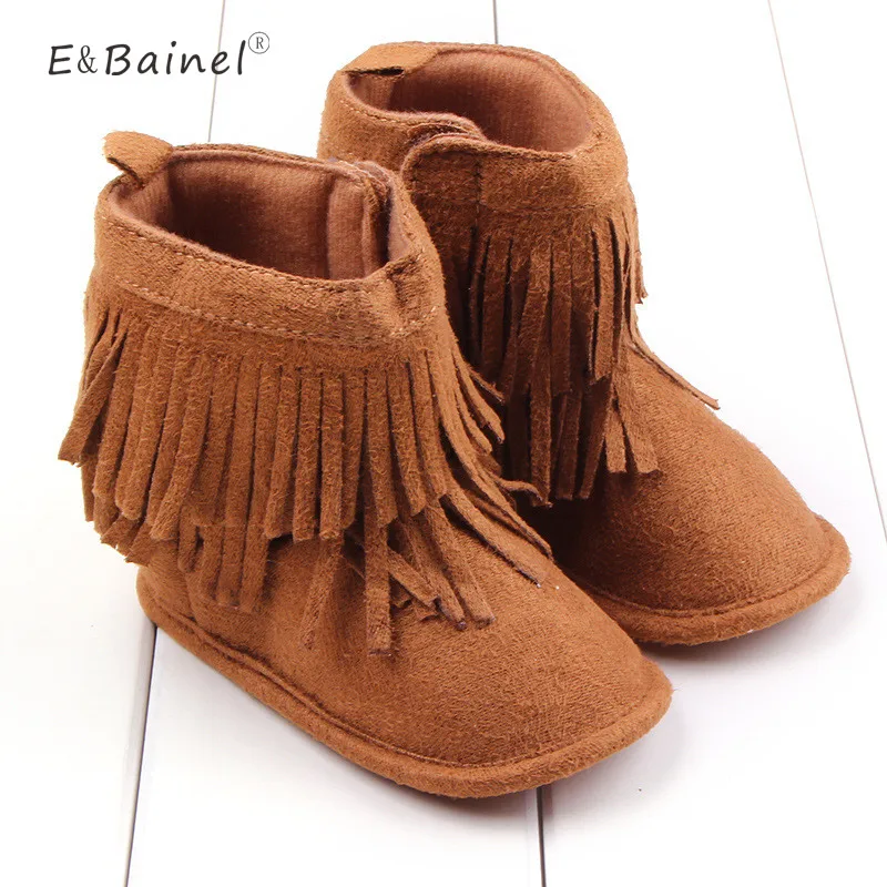 Infant Cotton Soft Baby Girl Shoes Newborn Warm Solid High Top Baby First Walker Toddler Fringe Anti-slip Baby Boots Moccasins