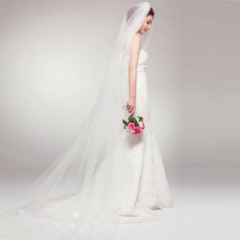 

2016 винтажная свадебная вуаль белого цвета и цвета слоновой кости с аппликацией кромки длина часовни свадебное платье аксессуары для вуалей