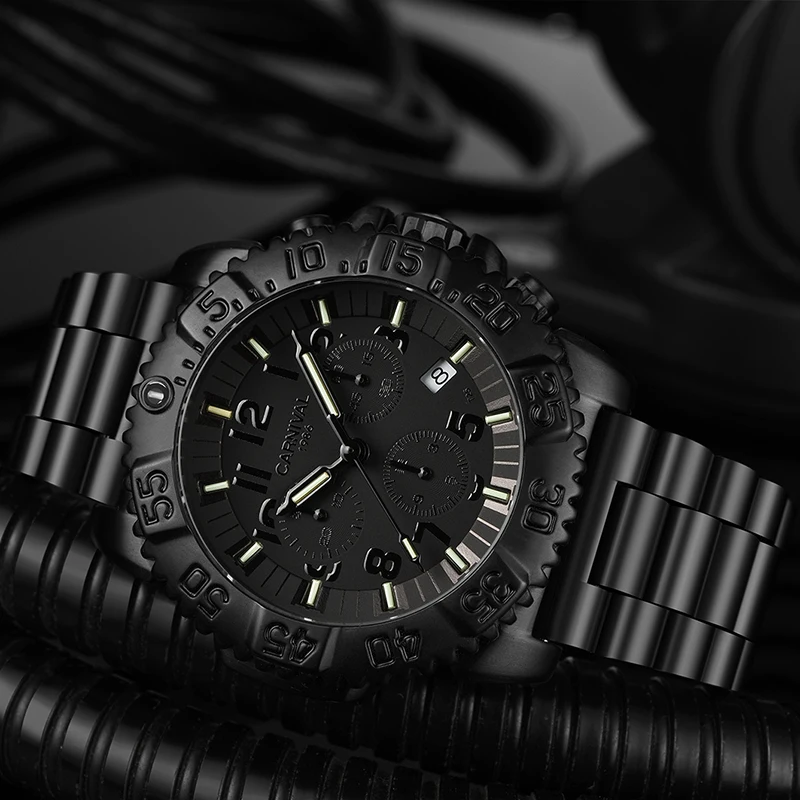 Мужские спортивные водонепроницаемые часы Tritium Luminous черные со стальным ремешком