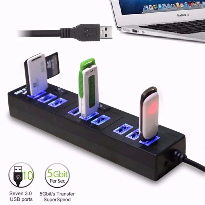 10 портовый концентратор USB 3 0 адаптер порта питания переключатель подсветки