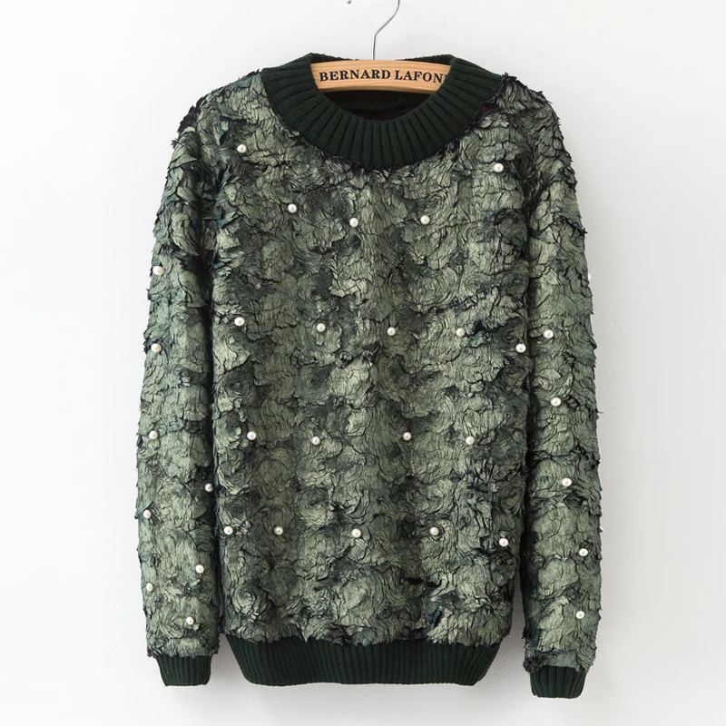 New Korean Women's Pullover Sweaters Plush Winter Long Sleeve Beaded Printed Sweater High Neck Fashion Tops High-Street Women | Женская