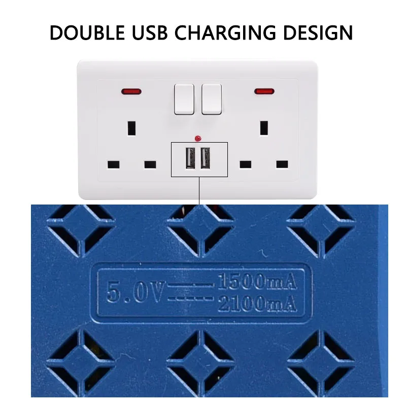 Многофункциональная электрическая настенная розетка с 2 usb-портами для зарядки телефона, AC 250 В, английская стандартная вилка с двумя кнопками, led