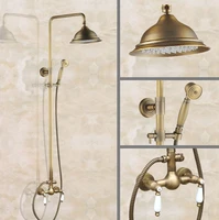 vintage retro antique brass wall mounted bathroom 8 2 round rain shower head faucet set dual ceramic handles mixer tap man111