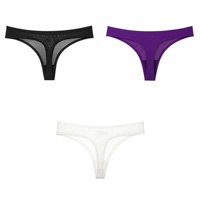 black purple white Сексуальные стринги Женское нижнее белье бесшовные 3 шт стринги женские T-back мягкие новые продажи твердые стринги Нижнее белье для женщин BANNIROU - Цвет: black purple white