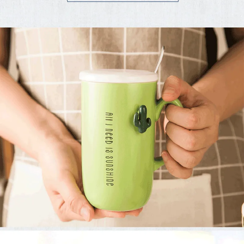 450ml Creative Cactus ceramic mugs embossed cup romantic Drinkware simple coffee Mugs with stainless steel spoon And Lid | Дом и сад