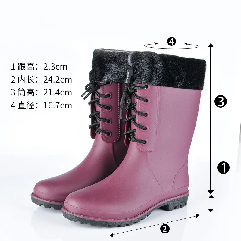 Red Add Cotton Женские высокие непромокаемые сапоги на шнуровке для девочек однотонная зимняя теплая мягкая обувь для дождливой погоды из хлопка женские нескользящие резиновые сапоги; большие размеры 36-41 - Цвет: Red Add Cotton