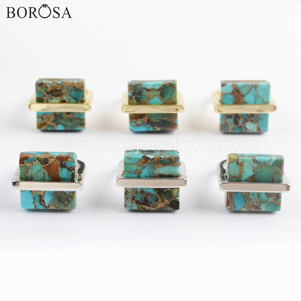 

BOROSA 5PCS Design Gold Silver Color Bezel Square 17mm Natural Turquoises Ring Jewelry for Ladies wholesale ZG0377