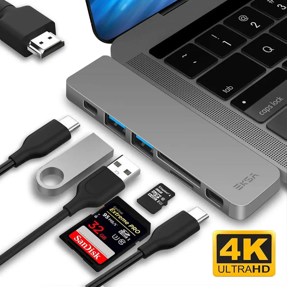 EKSA 7 в 1 USB C концентратор 2 USB3.0 устройство для чтения карт SD TF 4K HDMI Type Thunderbolt3 PD