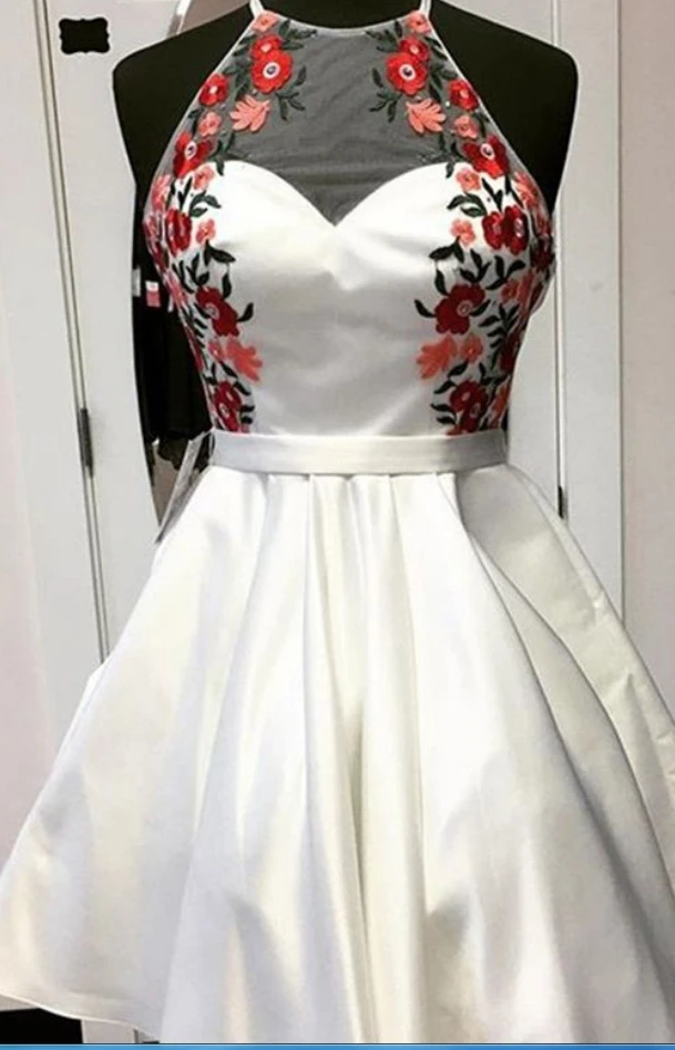 Белое Атласное Платье с лямкой на шее для выпускного вечера короткие платья