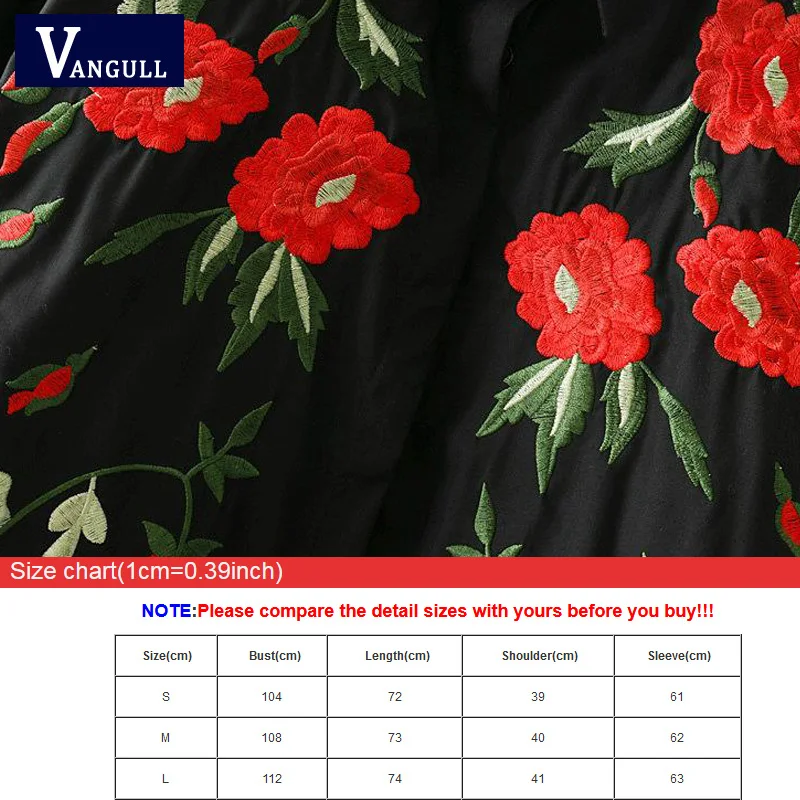 Vangull Women Black Blouses Vintage Flower Embroidery Shirts 2018 New Cotton Long Sleeve Turn Down Collar Ladies Retro Tops |