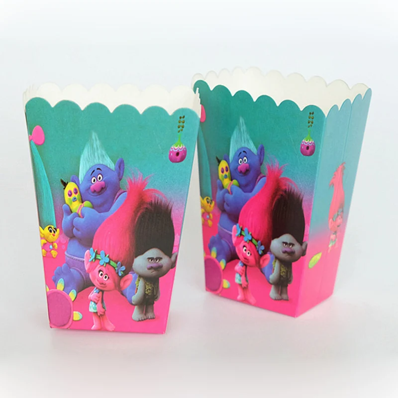 

6 pcs/lot Troll Cartoon Popcorn Boxes Birthday Party Wedding Baby Shower Party Decorations Kids Candy Box Event supplies