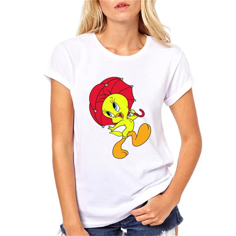 Женская футболка Looney ttes Tweety Bird с мультяшным принтом, летняя модная Милая футболка, Женские топы с круглым вырезом, белая футболка с коротким рукавом