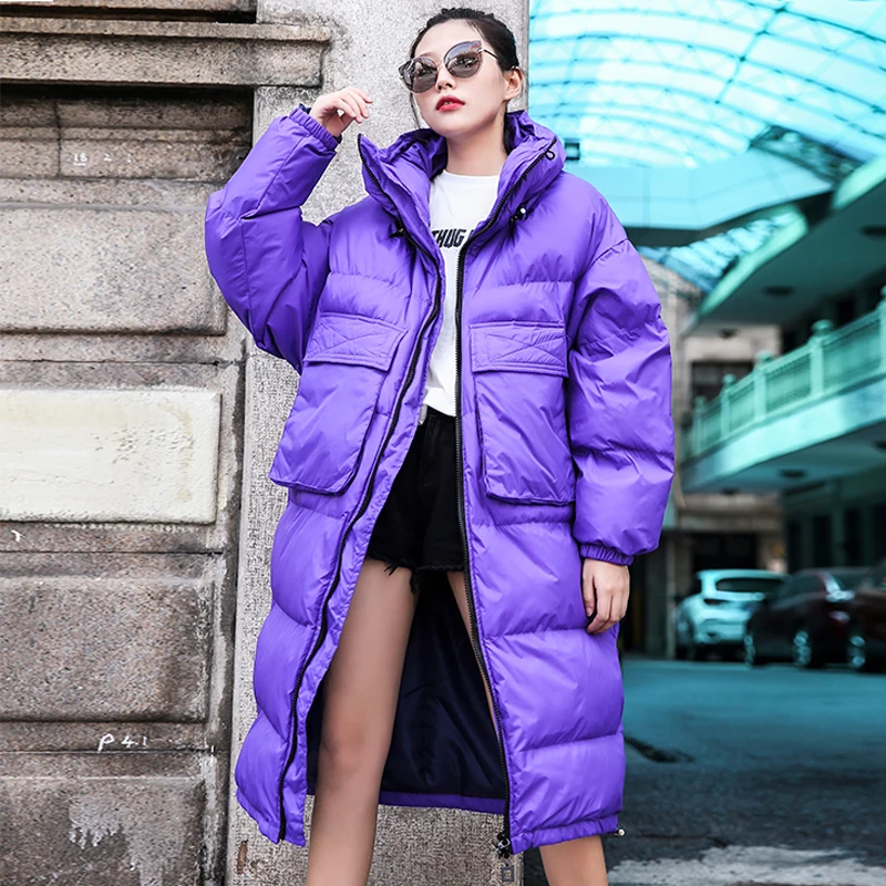 Корейский Для женщин зимняя куртка Длинные свободные Harajuku хлопковое Стеганое