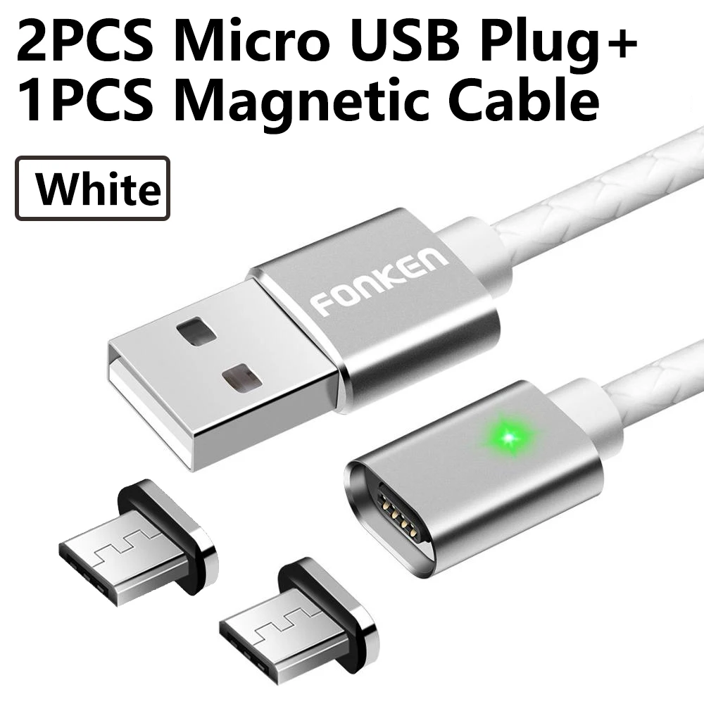 2 Plug 1 white cord Магнитный кабель Micro USB FONKEN, магнитный кабель Mini USB для мобильного телефона, быстрое зарядное устройство, 1 м, макс. 2,4 А, светодиодный кабель для зарядки и синхронизации данных - Цвет: 2 Plug 1 white cord