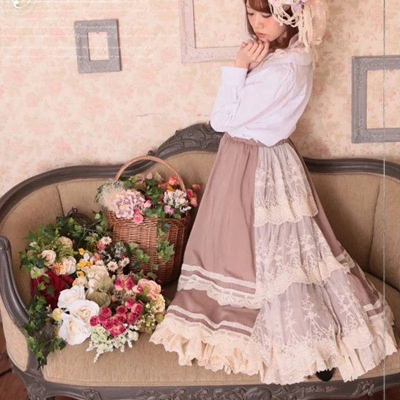 Harajuku Mori Girl плиссированная юбка Женская Лоскутная кружевная Цветочная вышивка большие качели хлопок Многослойные Юбки принцессы A135