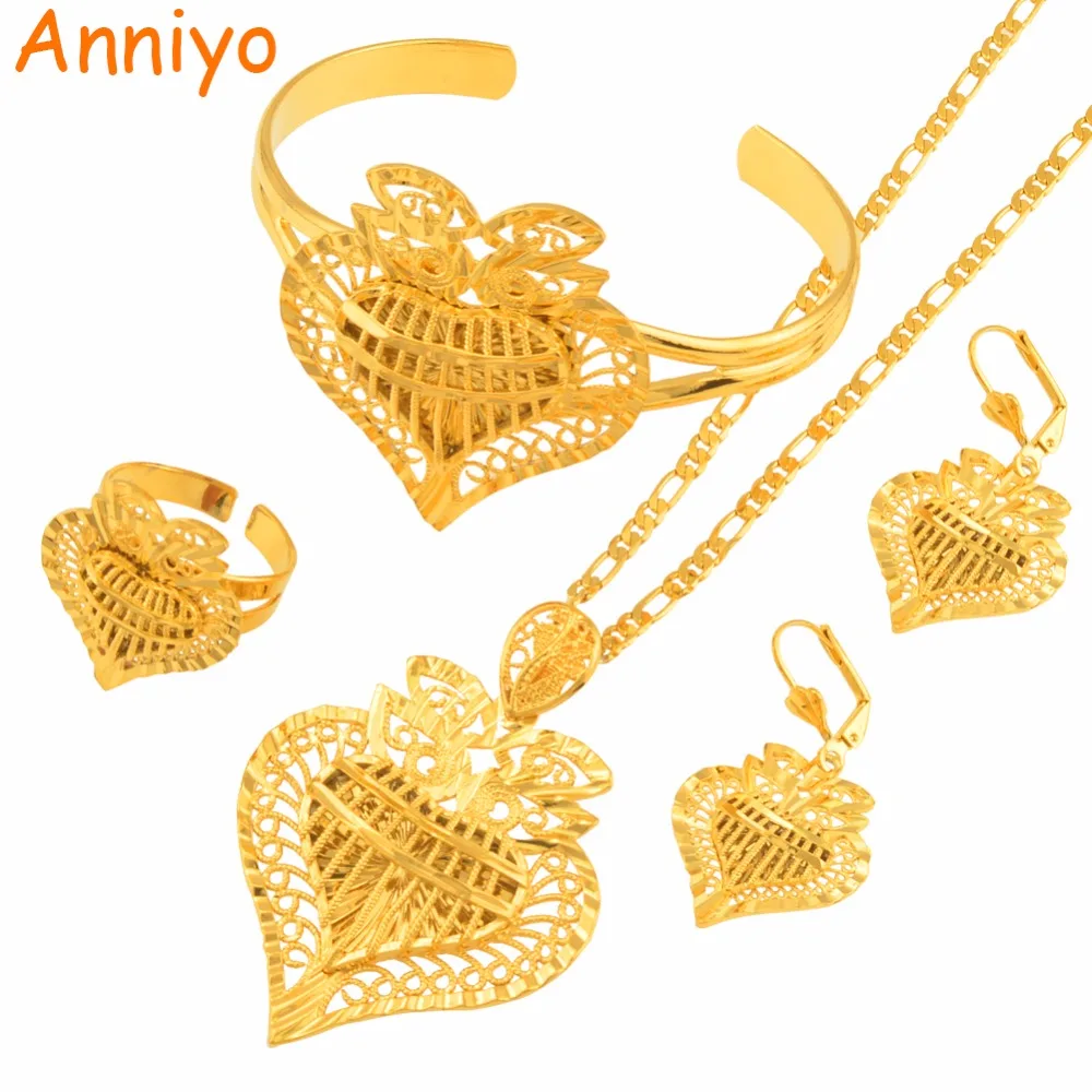 

Anniyo Heart Dubai Jewelry sets Ethiopian Necklaces Earrings Ring Bangle African Gold Color Arab Wedding Bride Dowry #020506