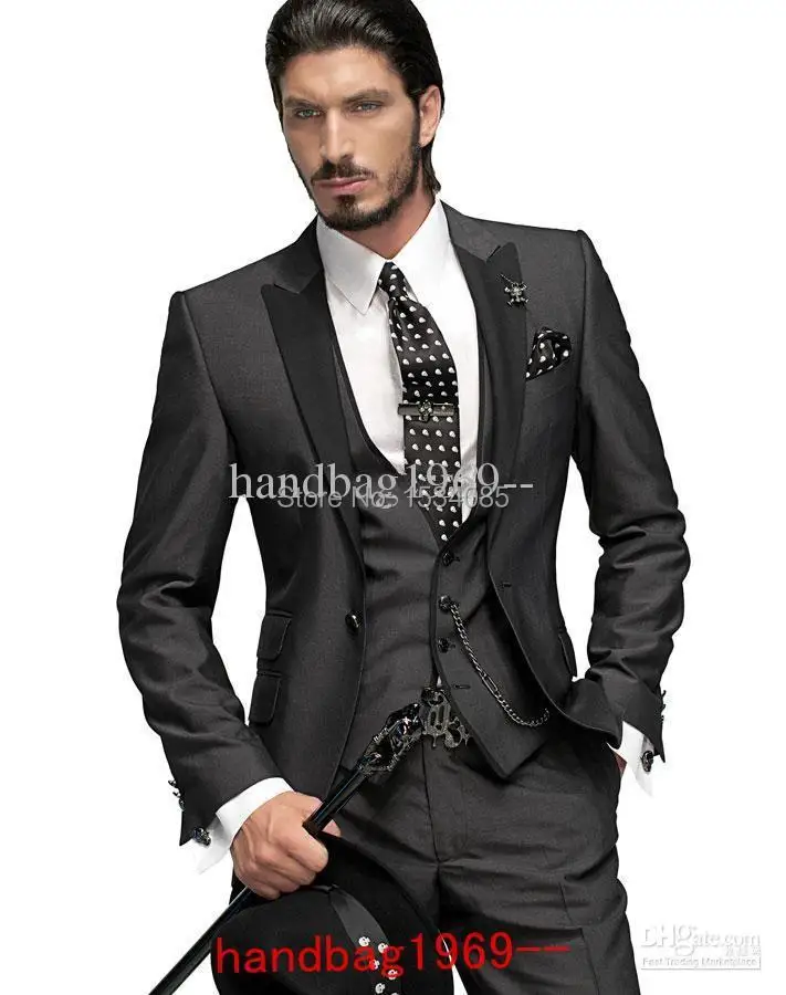 2015 Custom Made One button Charcoal Groom Tuxedos Best Man Suits Groomsmen Men Wedding (Jacket+Pants+Vest+Tie) OK:324 | Мужская одежда