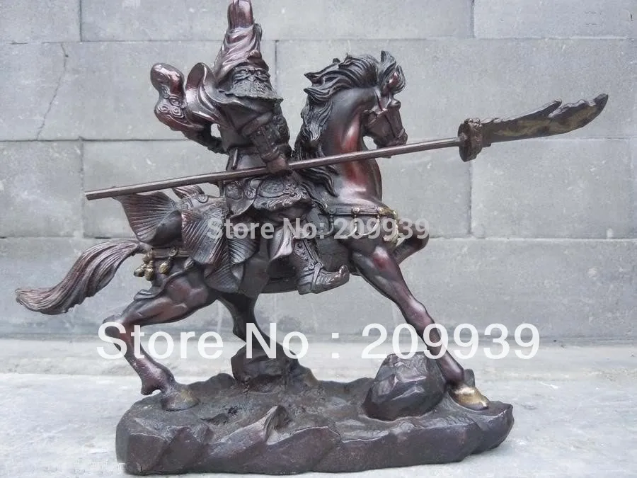 

huij 00158 Chinese red bronze carved ride on horse GuanGong statue