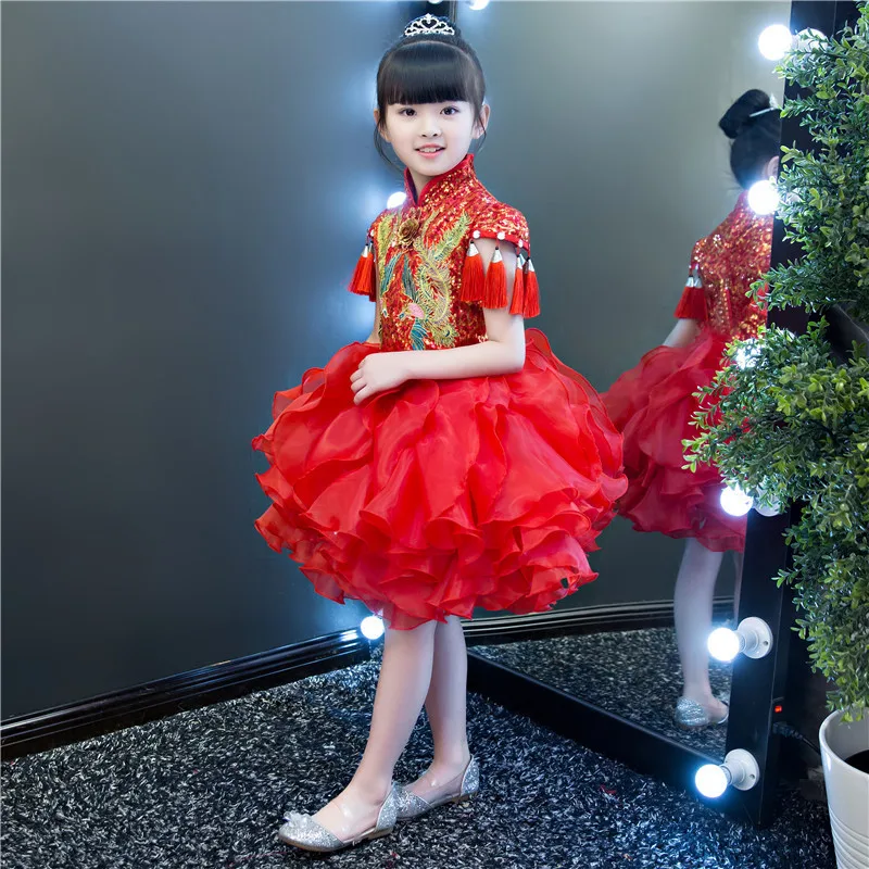 Красные платья принцессы Qipao для девочек Модное детское китайское платье