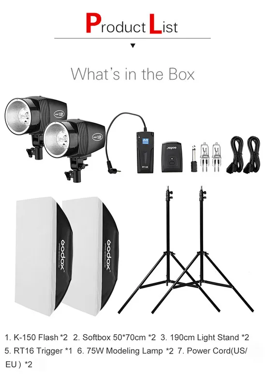Godox 300Ws 2x K-150A строб студия Flash светильник комплект с RT-16 триггера и 2x50x70 см тканевый рассеиватель& 2x190 см светильник стенд CD50