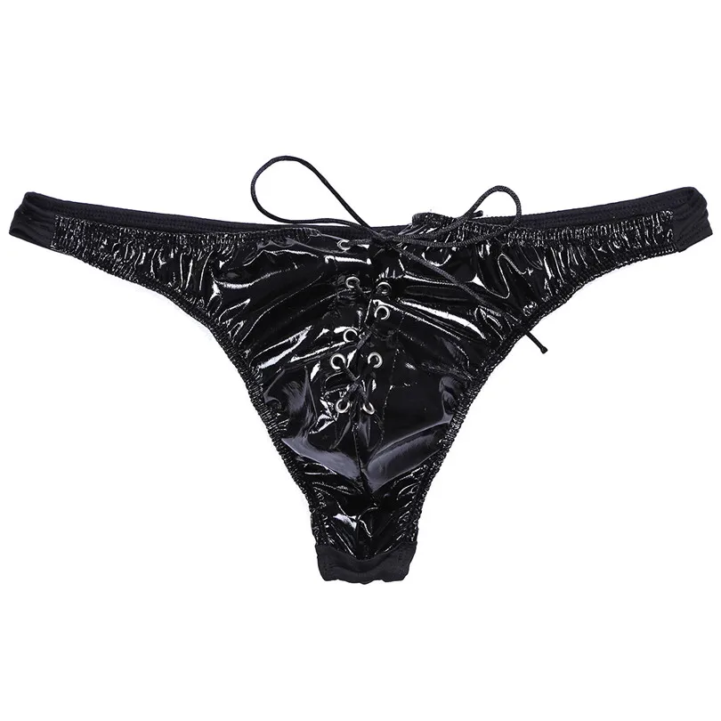 Мужские эротические Трусы из лакированной кожи на шнуровке черные Стрейчевые