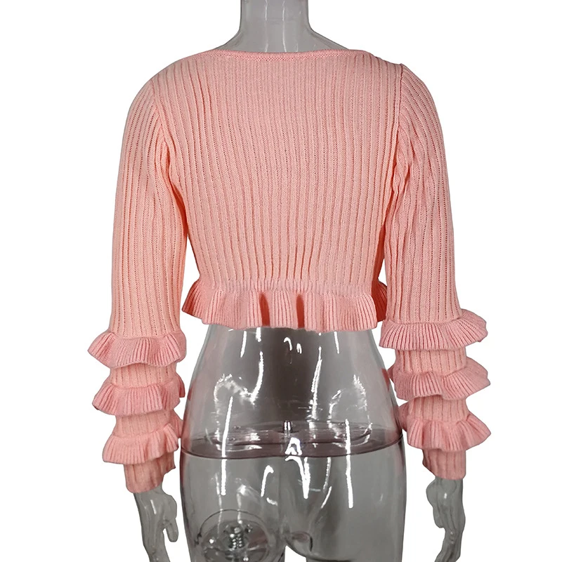 Women Clothing Ruffles O Neck Long Sleeve Pink Slim Sexy Slash Sweater Office Ladies Short Style Fashion Knitwear SJ2915M | Женская