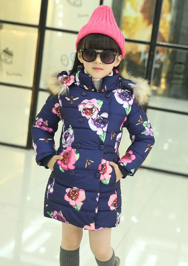 Dark blue Новые детские зимние пальто для девочек, одежда толстые теплые пуховики для девочек, пальто Длинная Стильная хлопковая верхняя одежда для детей, куртка - Цвет: Dark blue