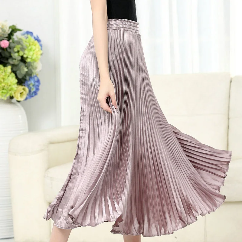 Woman Vintage Silver Golden Metallic Feel Solid Long Pleated Skirts High Waist Maxi Skirt | Женская одежда