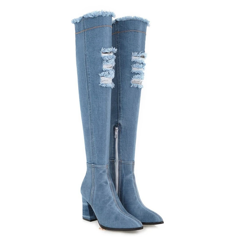 Light blue ASILETO/женские джинсовые сапоги; пикантные Сапоги выше колена; обувь на высоком каблуке; женские облегающие высокие сапоги; осенние джинсовые сапоги в западном стиле; ботинки - Цвет: Light blue