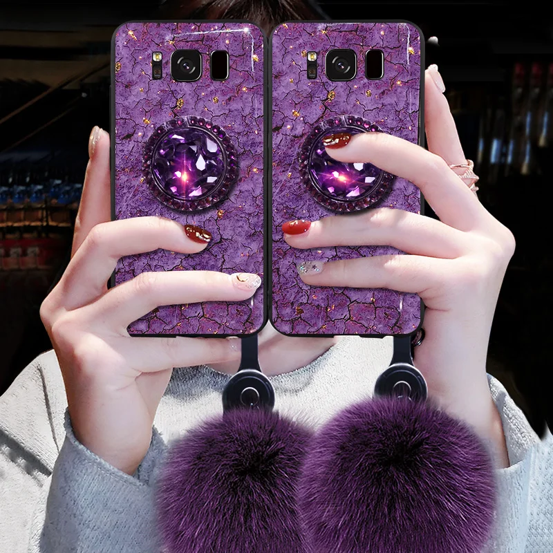Роскошный натуральный мех чехол держатель для samsung Galaxy S8 S9 Plus драгоценный камень