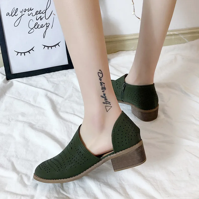 Women Pumps Side Hollow Square Low Heel Woman shoes Boat Shoes Retro Vintage out Slip On women Casual female | Обувь
